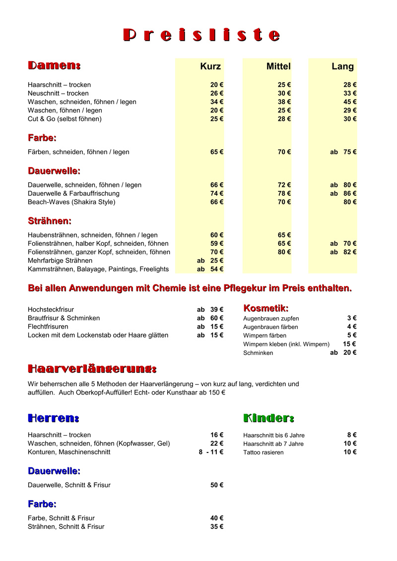 Preisliste Preise